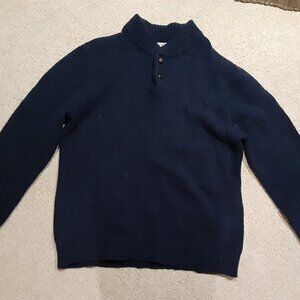 Vtg LL Bean Men's L Reg Mock Neck 100% Lambs Wool Sweater Blue 1/2 Button